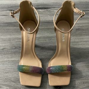 Soda embellished square toe ankle strap sandals